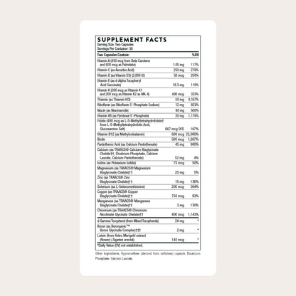 Thorne daily multivitamin supplement facts panel on side of bottle