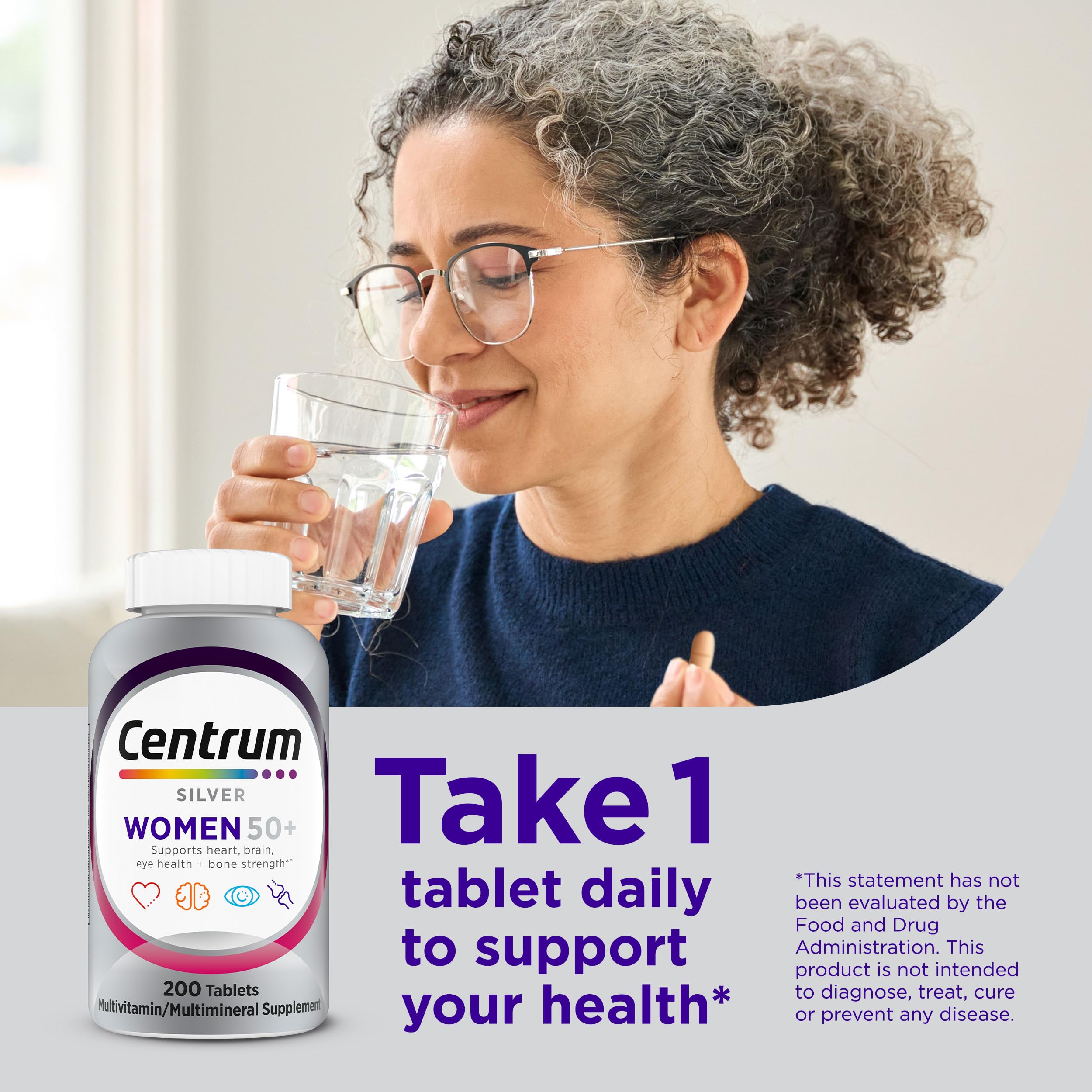 Centrum Silver Women 50 Plus Multivitamin 200 Tablets close-up of tablet size and shape for easy adult consumption