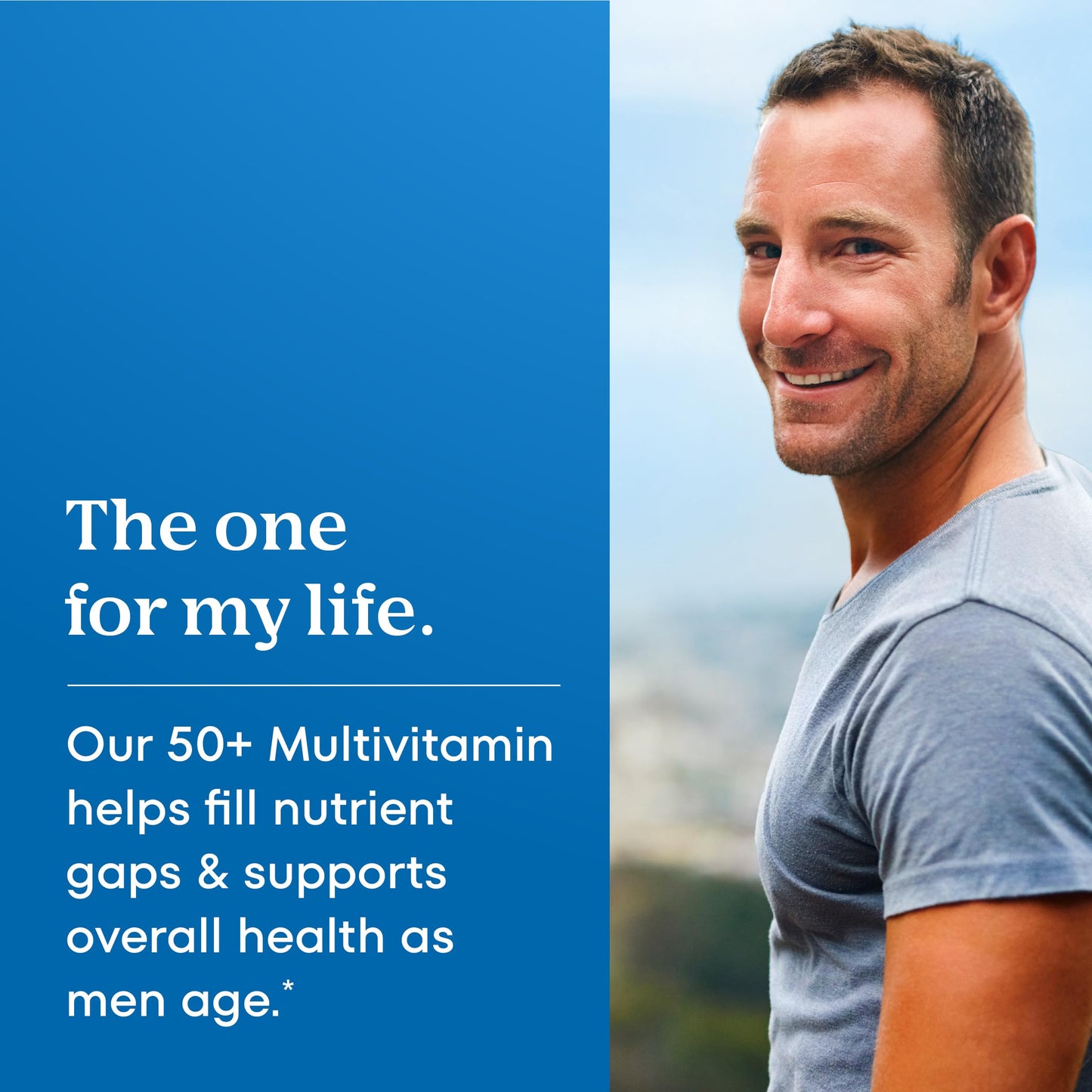 USA sourced daily multivitamin for men over 50 showing directions and allergen warnings