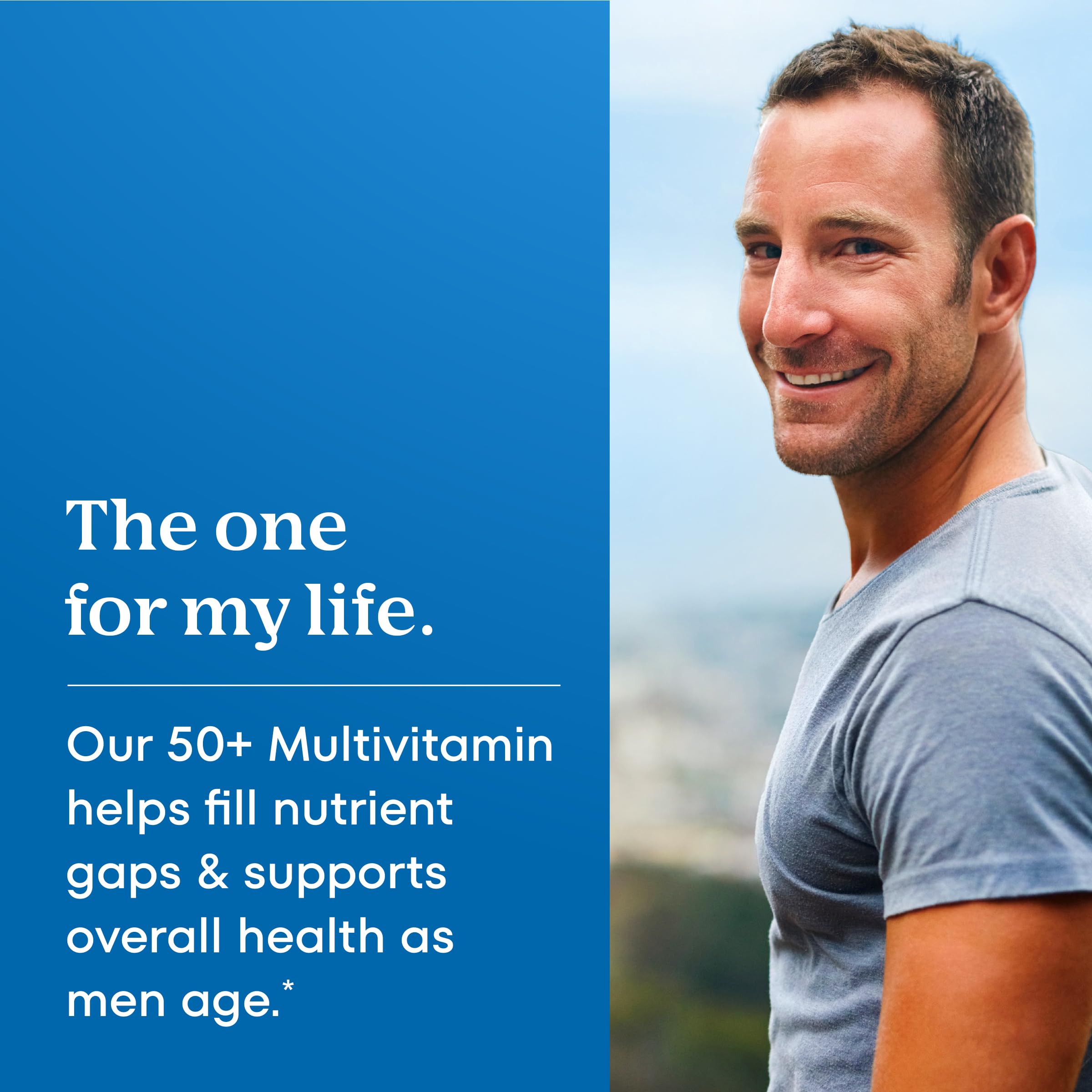 USA sourced daily multivitamin for men over 50 showing directions and allergen warnings