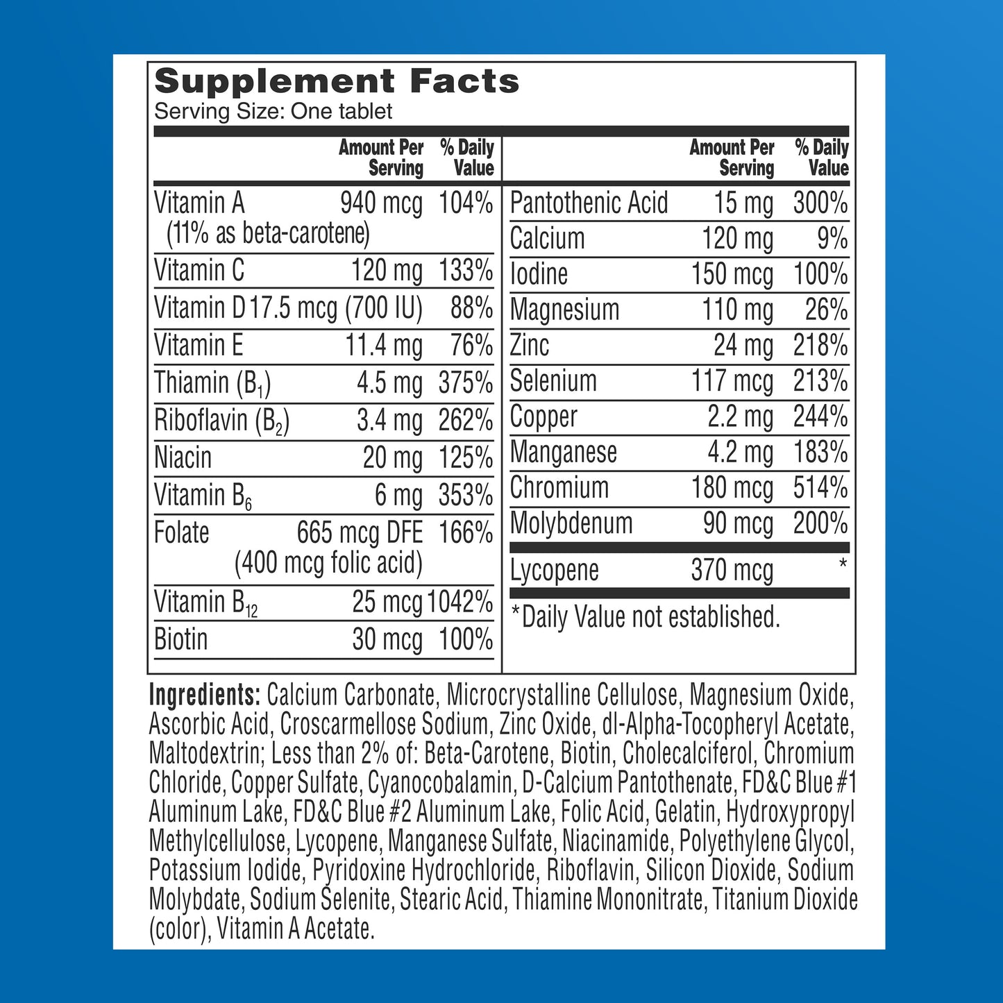 Premium imported multivitamin for older men showing gluten free and dairy free certifications