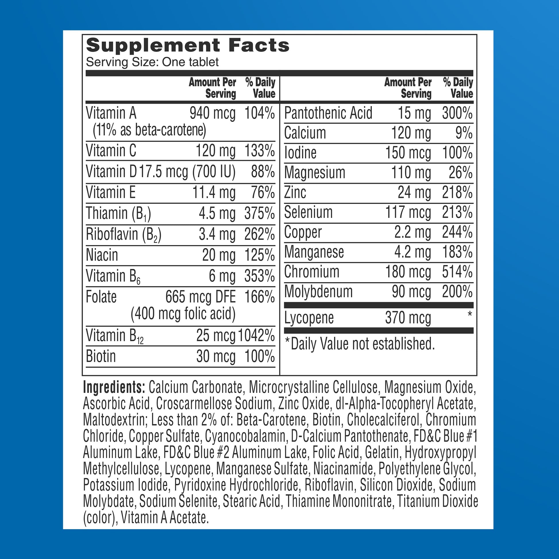 Premium imported multivitamin for older men showing gluten free and dairy free certifications