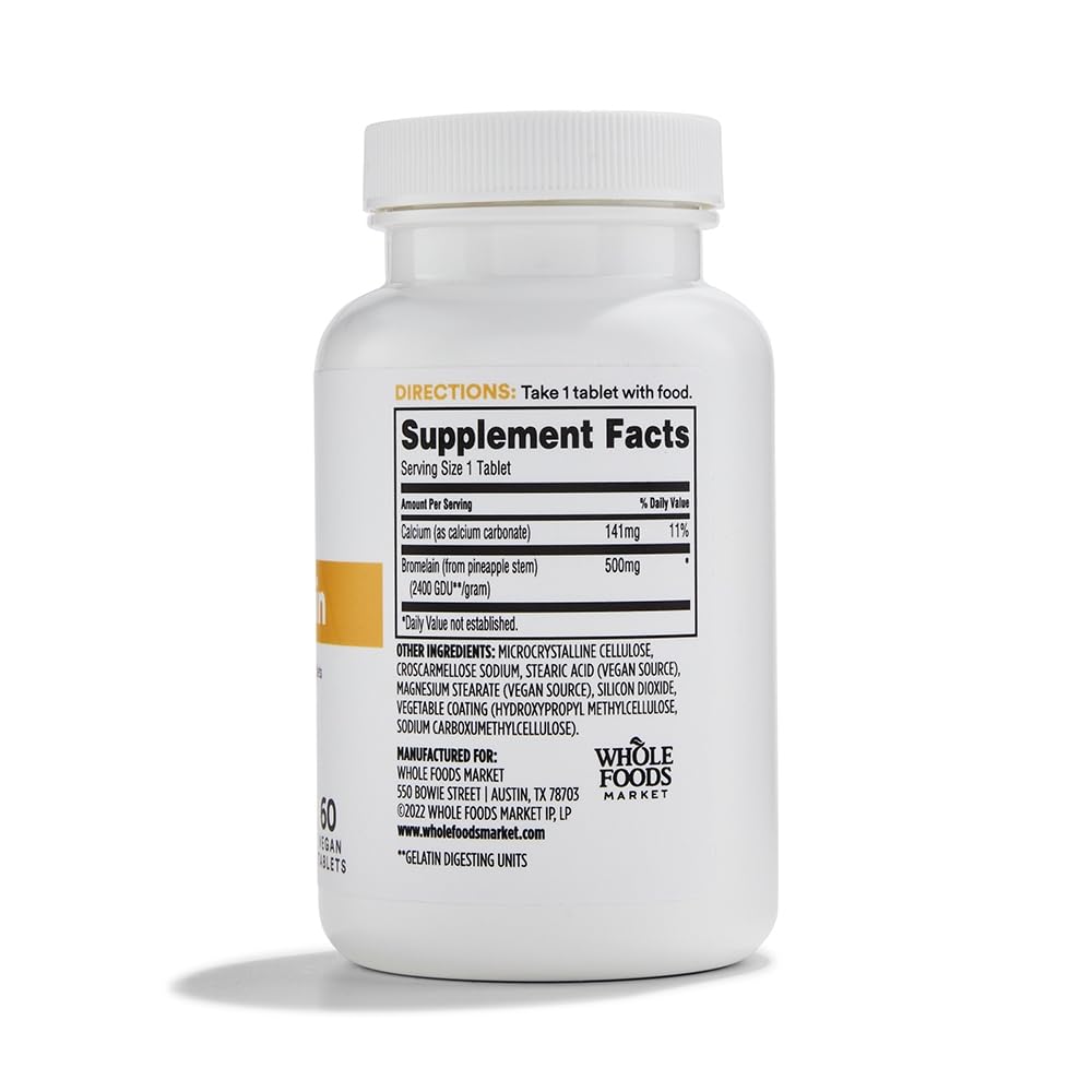 Label details of 365 by Whole Foods Market Bromelain sixty tablets