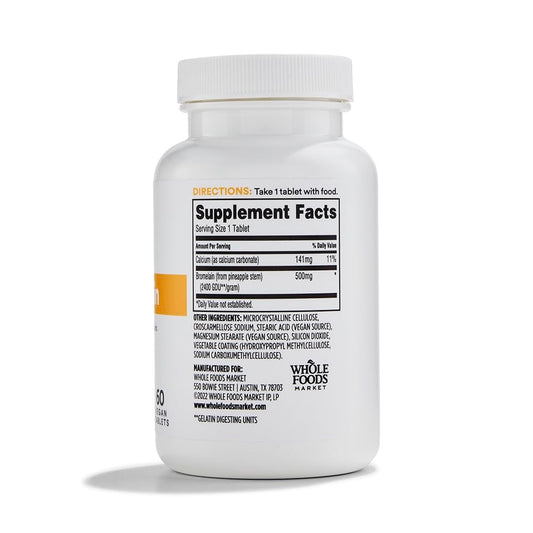 Label details of 365 by Whole Foods Market Bromelain sixty tablets