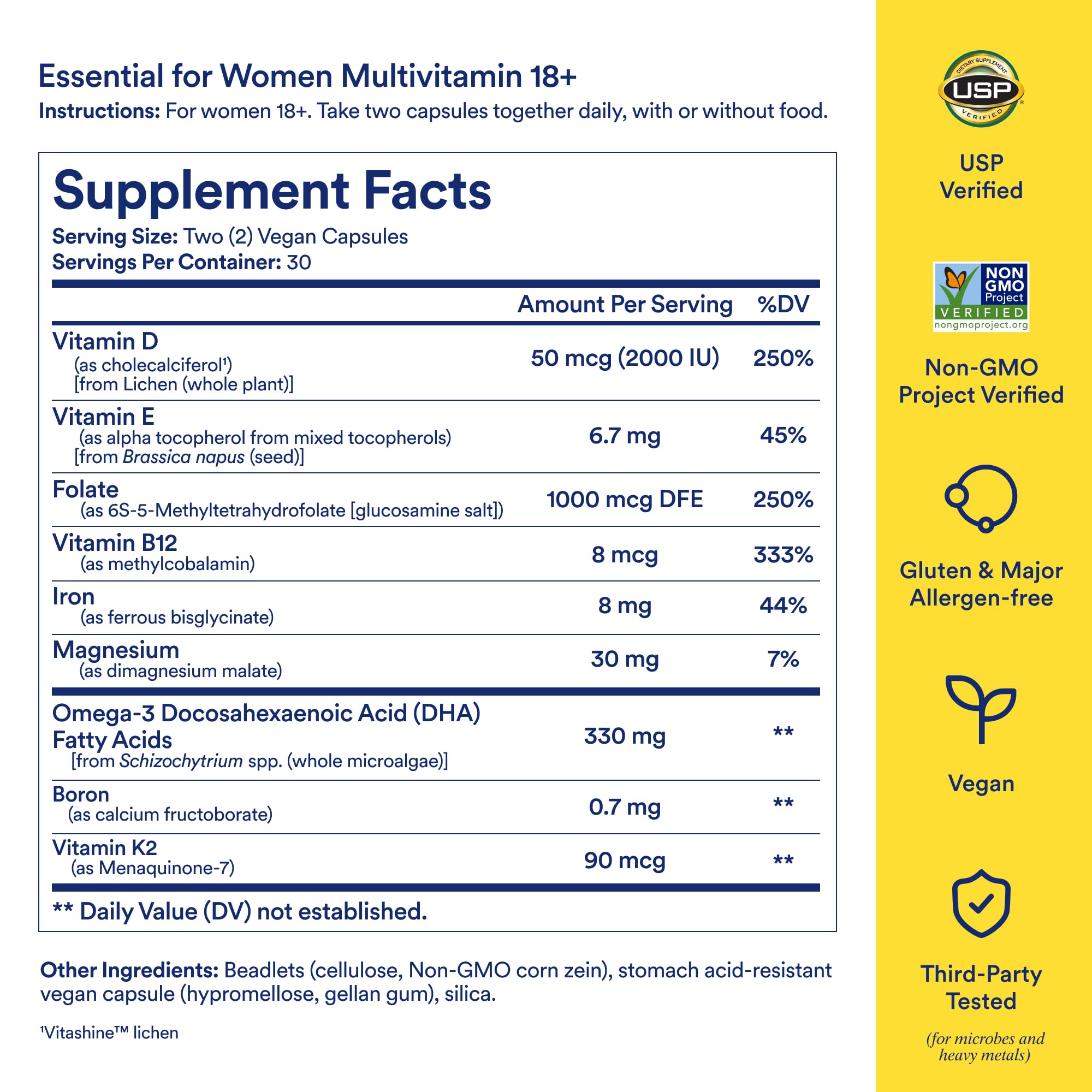 Back label of Ritual multivitamin for women showcasing the traceable ingredients and nutritional facts