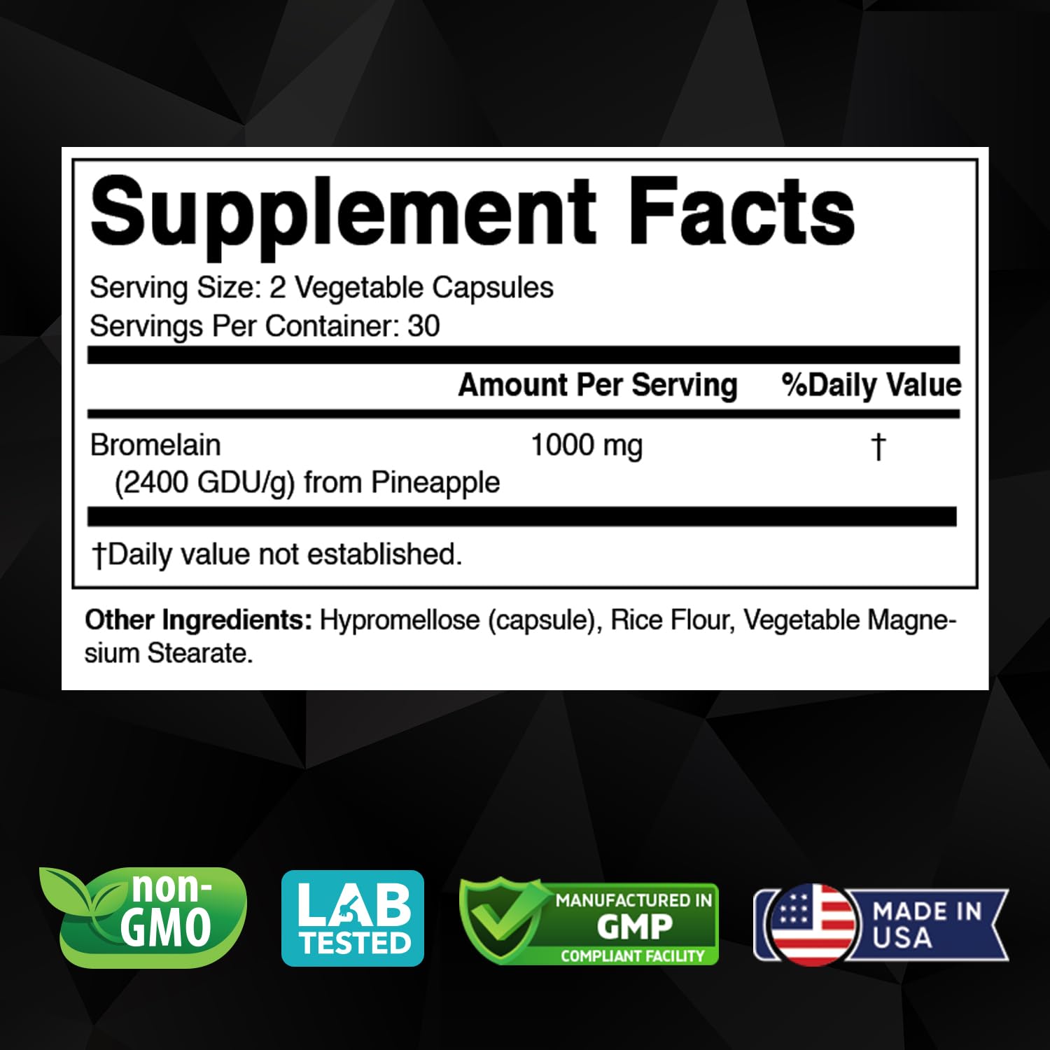 Vitabod Bromelain 2400 GDU supplement bottle label details