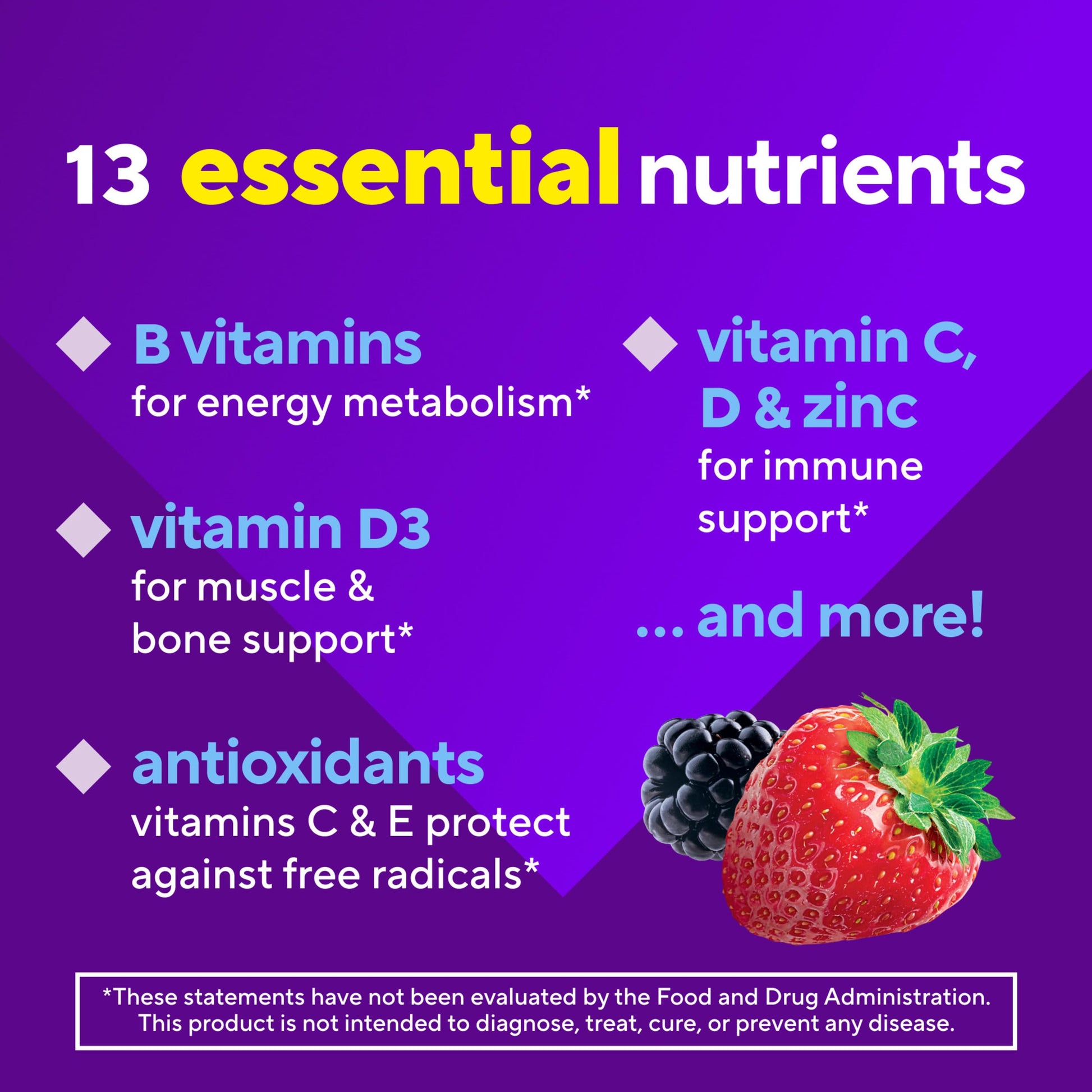 Close-up of Vitafusion daily nutritional supplement for men highlighting vitamin D and zinc