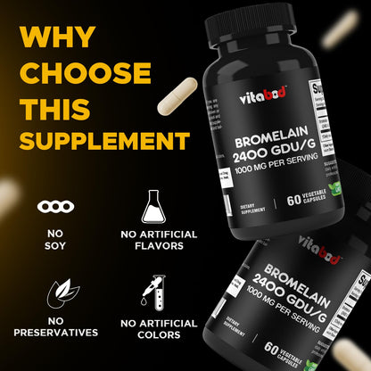 Close up of Vitabod Bromelain 60 count supplement bottle