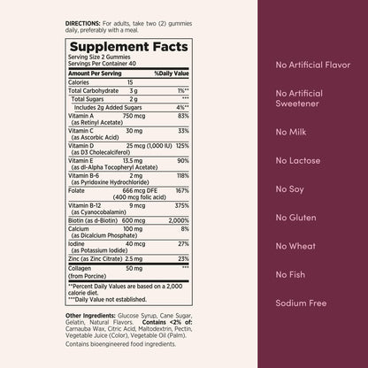 Close up of eighty count Nature's Bounty women's multivitamin gummy textures and natural berry colors