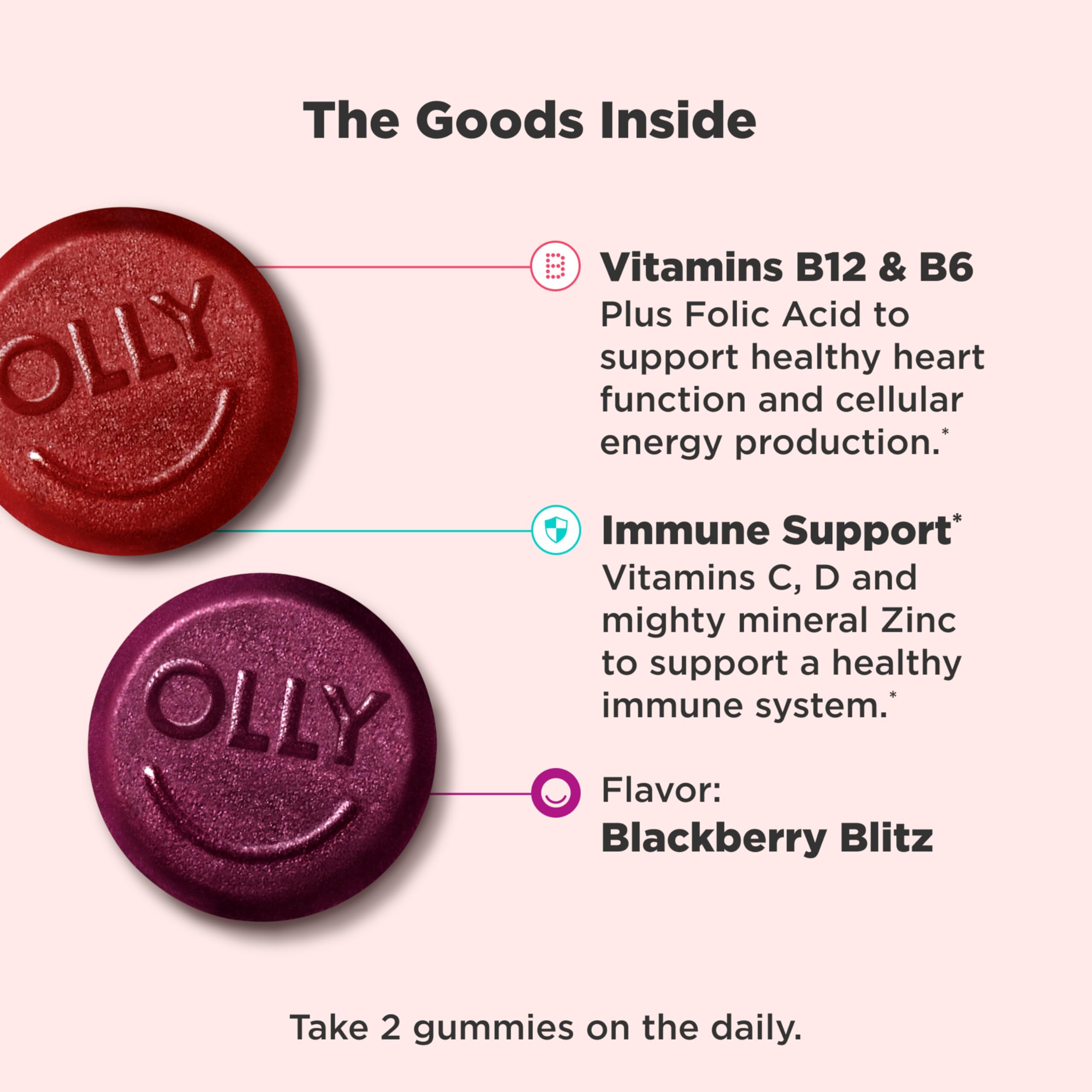Close up of OLLY Blackberry Blitz flavor multivitamin gummies for men