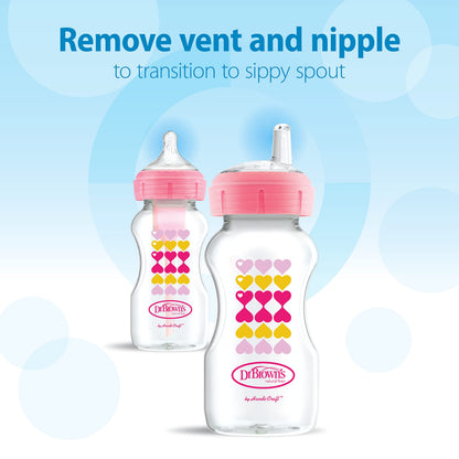 Top view of Dr. Brown's wide neck bottle and sippy components