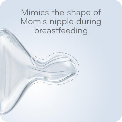 Side profile of Nuk pink bunnies baby bottle