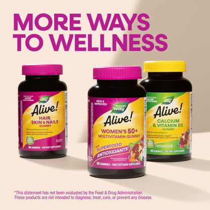 Nature's Way Alive 130 count multivitamin bottle displaying allergen-free labels like no wheat, dairy, or peanuts.