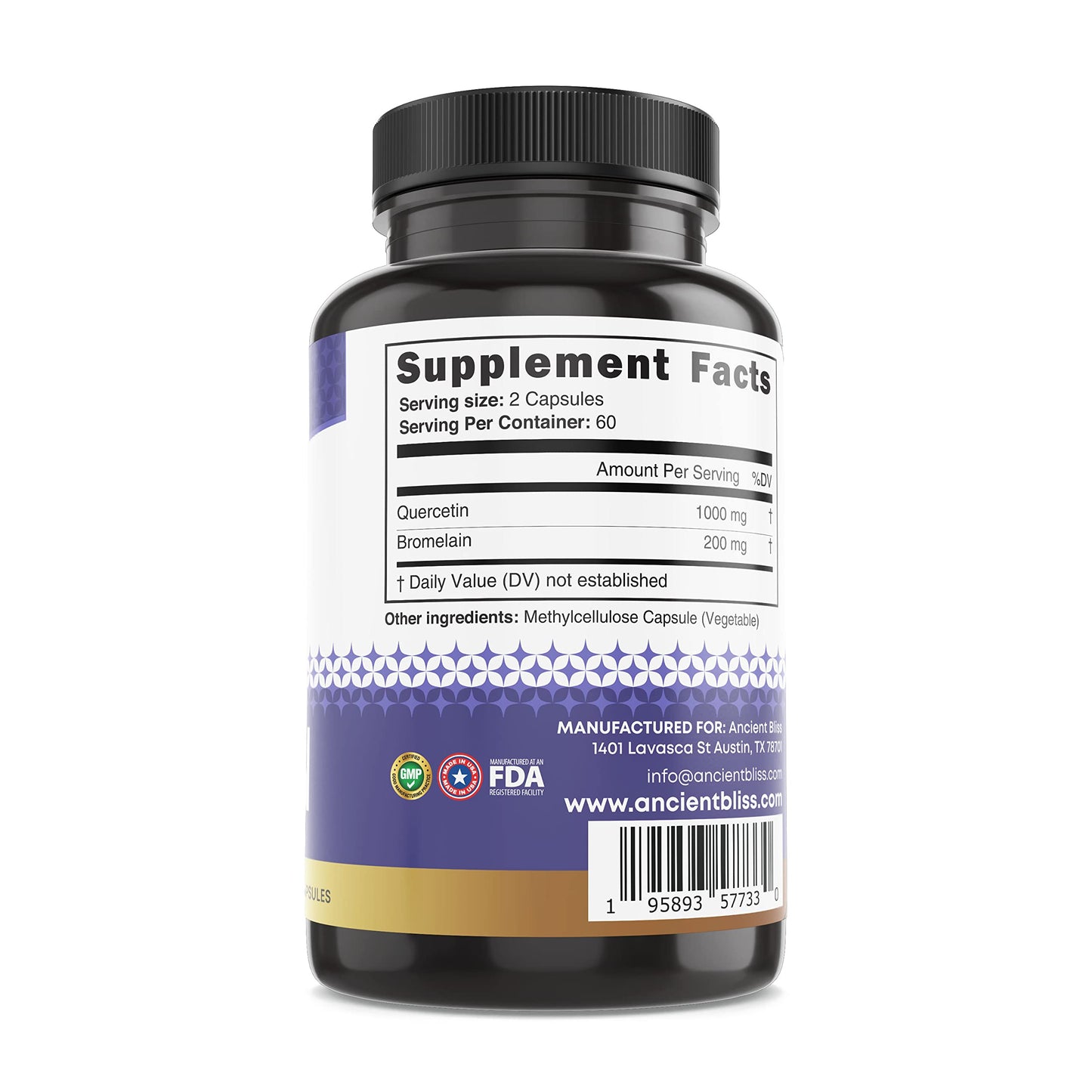 Vegan capsules quality seal on Ancient Bliss bottle