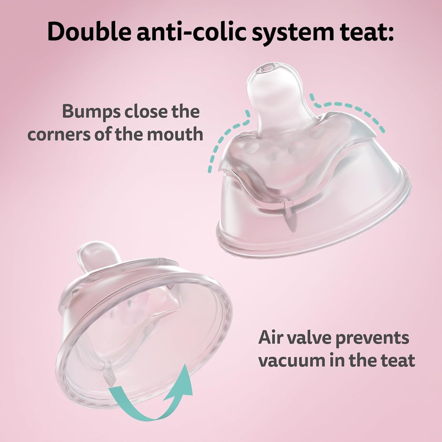 Close up of Herobility bottle anti-colic valve and silicone nipple