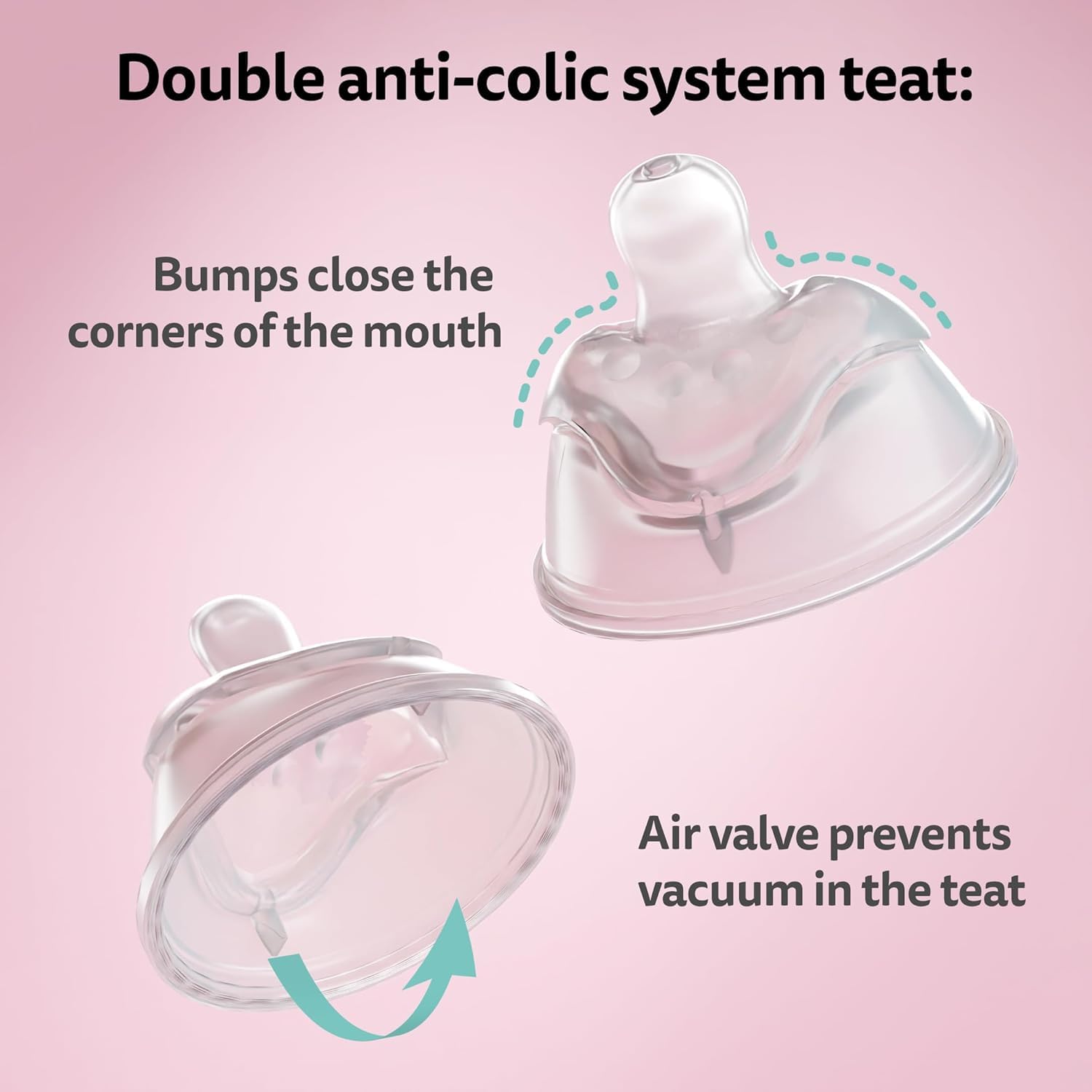 Close up of Herobility bottle anti-colic valve and silicone nipple