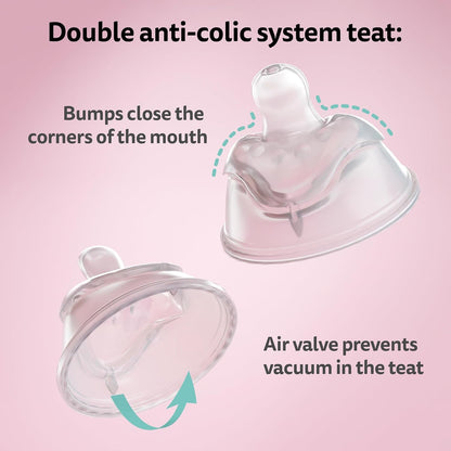 Close up of Herobility bottle anti-colic valve and silicone nipple