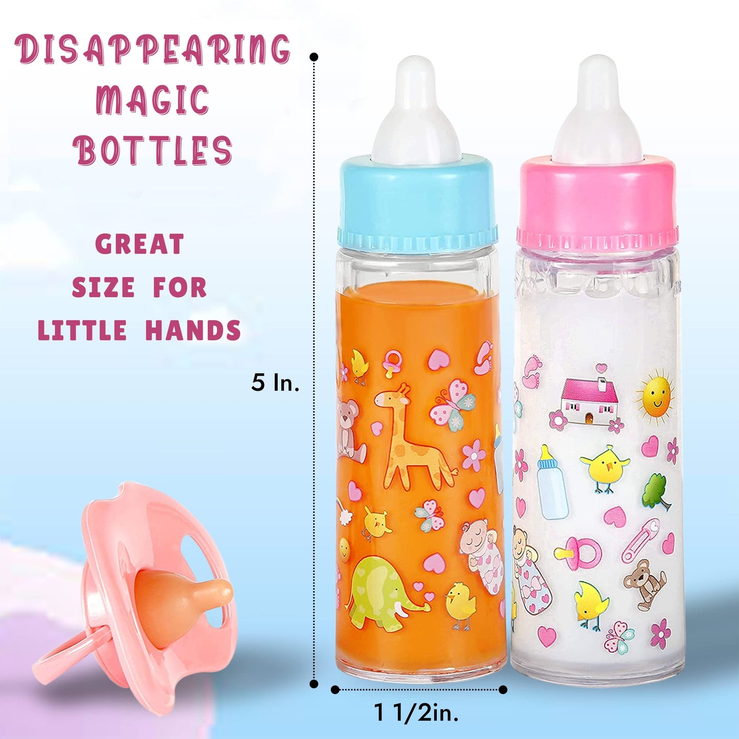 Close up of Exquisite Buggy milk and juice bottles for dolls