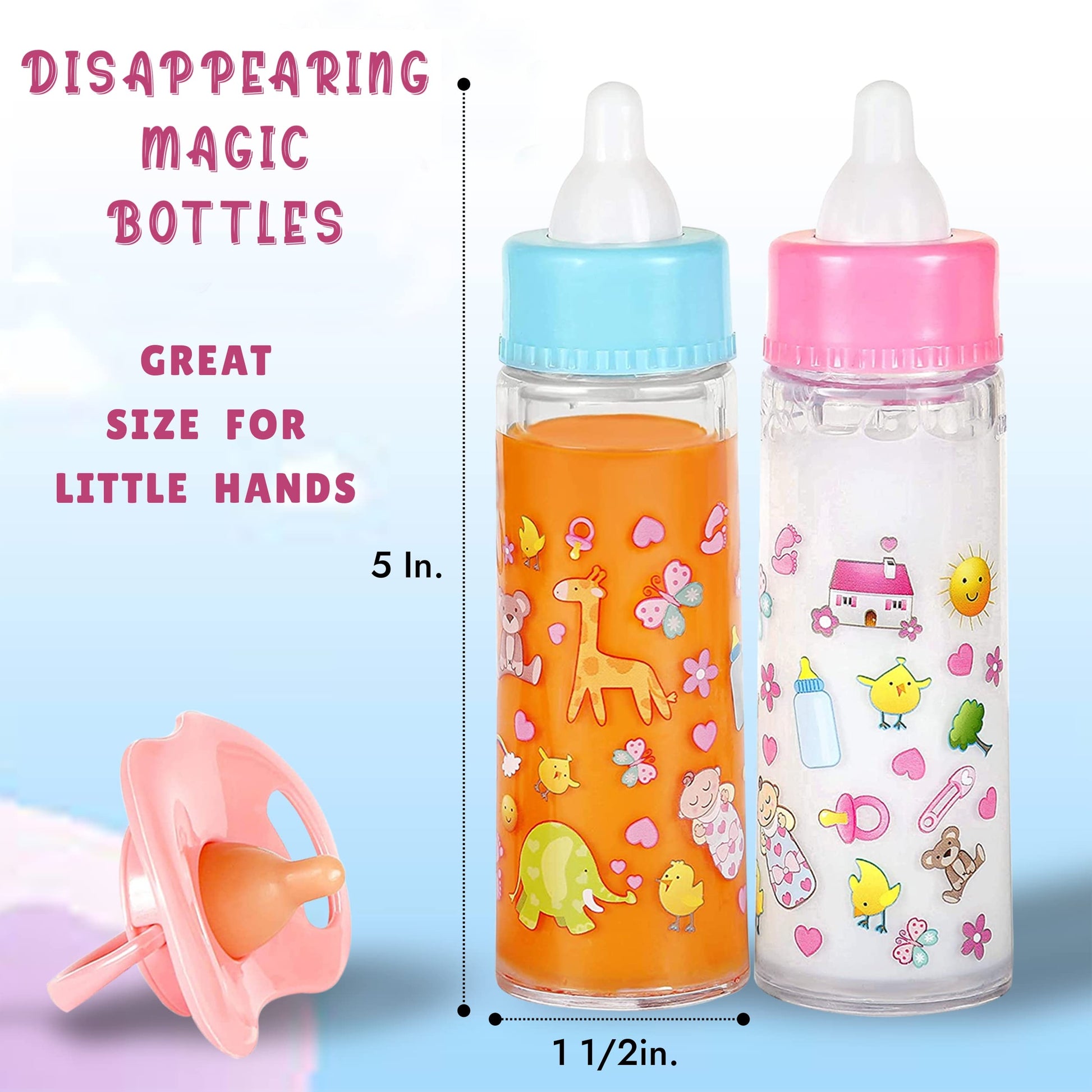 Close up of Exquisite Buggy milk and juice bottles for dolls