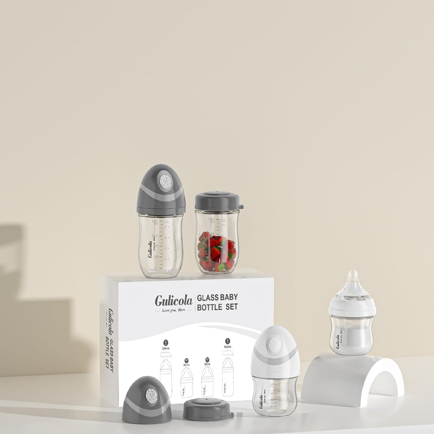 Gulicola wide neck breastfeeding bottles displayed with premium slow flow silicone nipples disassembled