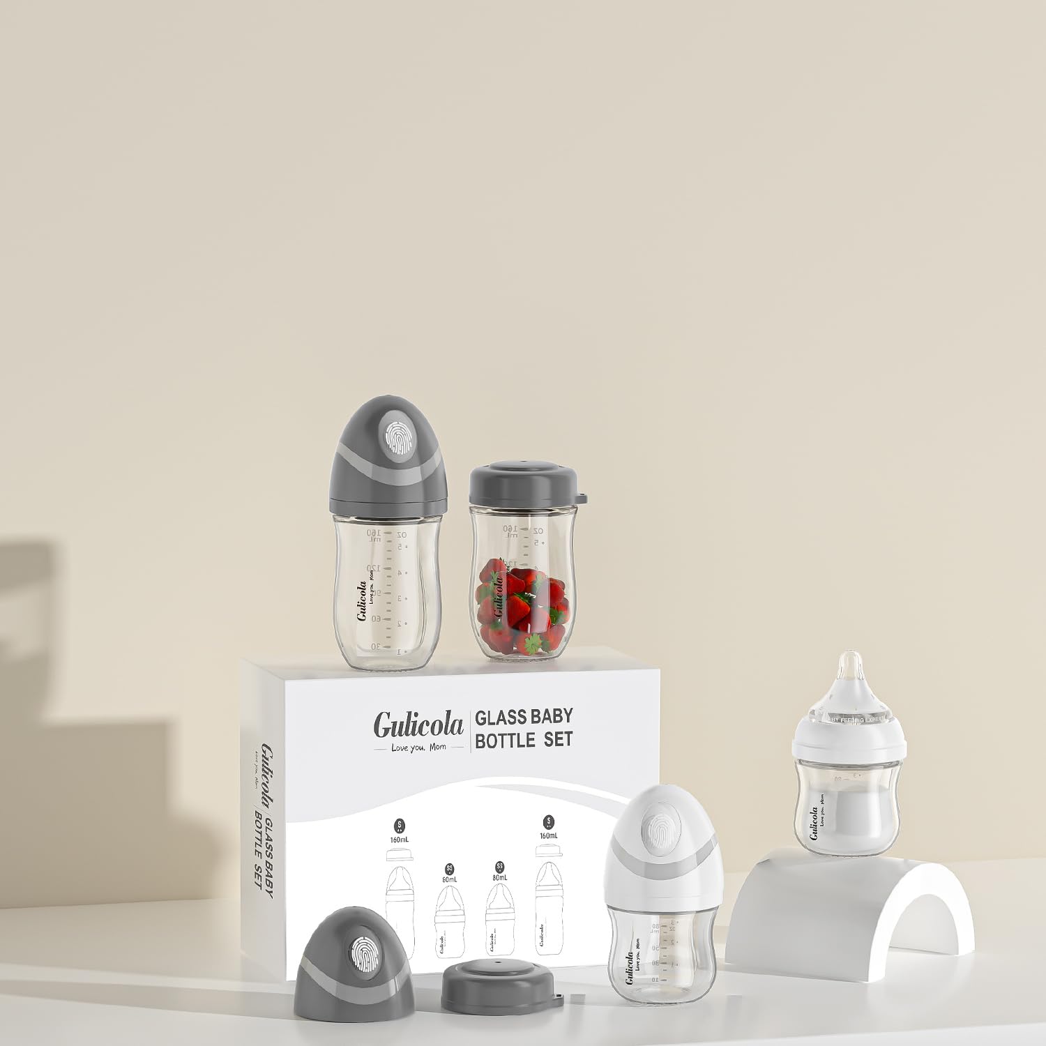 Gulicola wide neck breastfeeding bottles displayed with premium slow flow silicone nipples disassembled