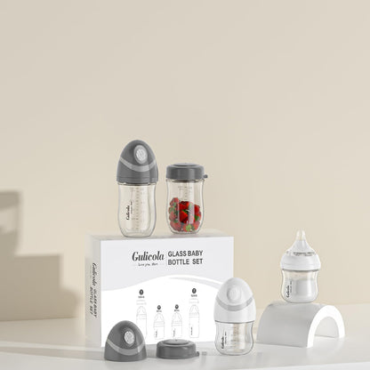 Gulicola wide neck breastfeeding bottles displayed with premium slow flow silicone nipples disassembled