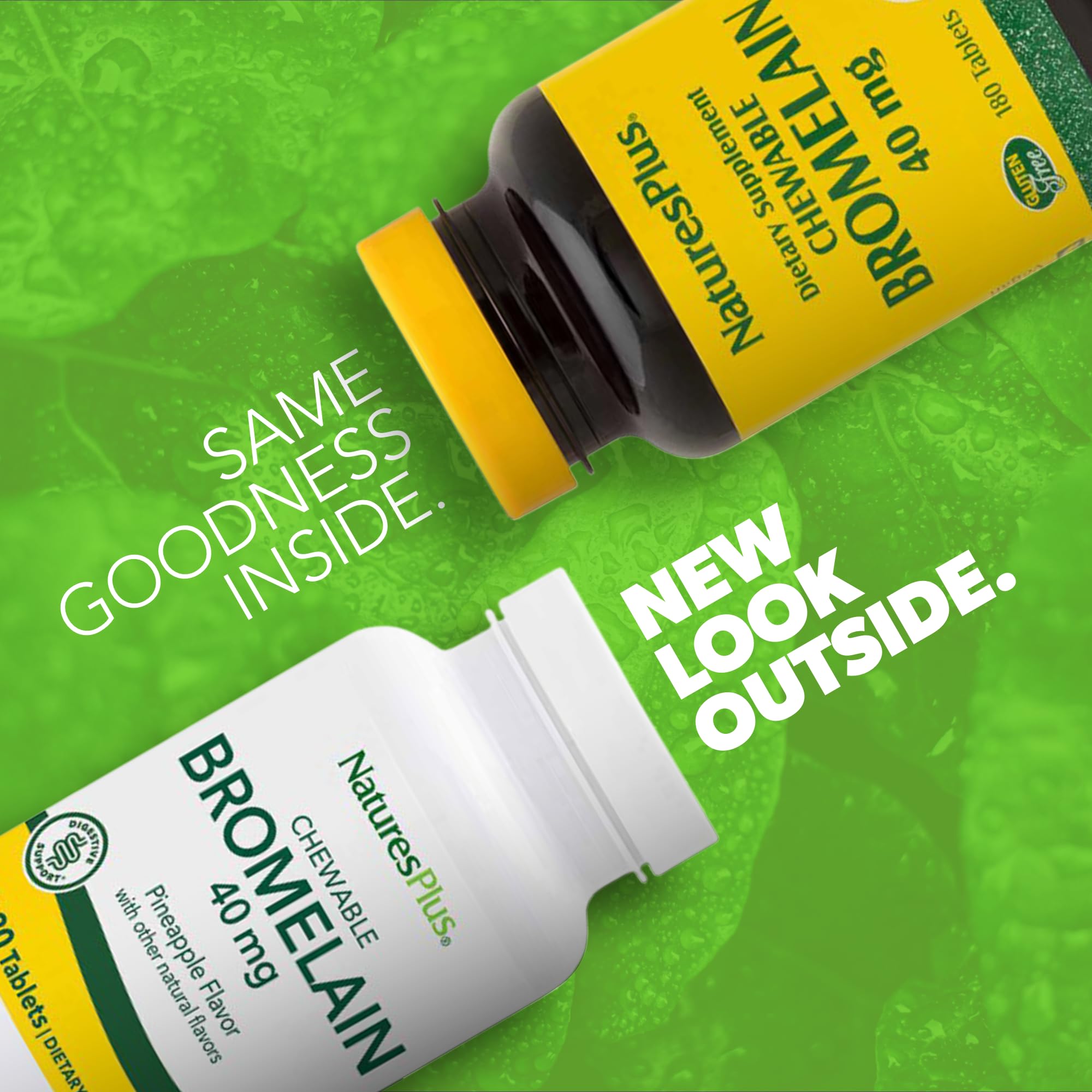 NaturesPlus Bromelain 180 chewable tablets nutritional facts and ingredient label closeup