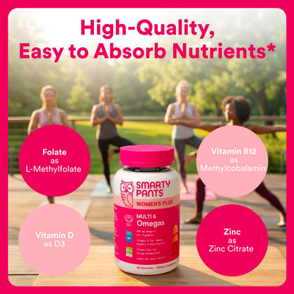 Supplement facts panel on the back of SmartyPants women's multivitamin bottle