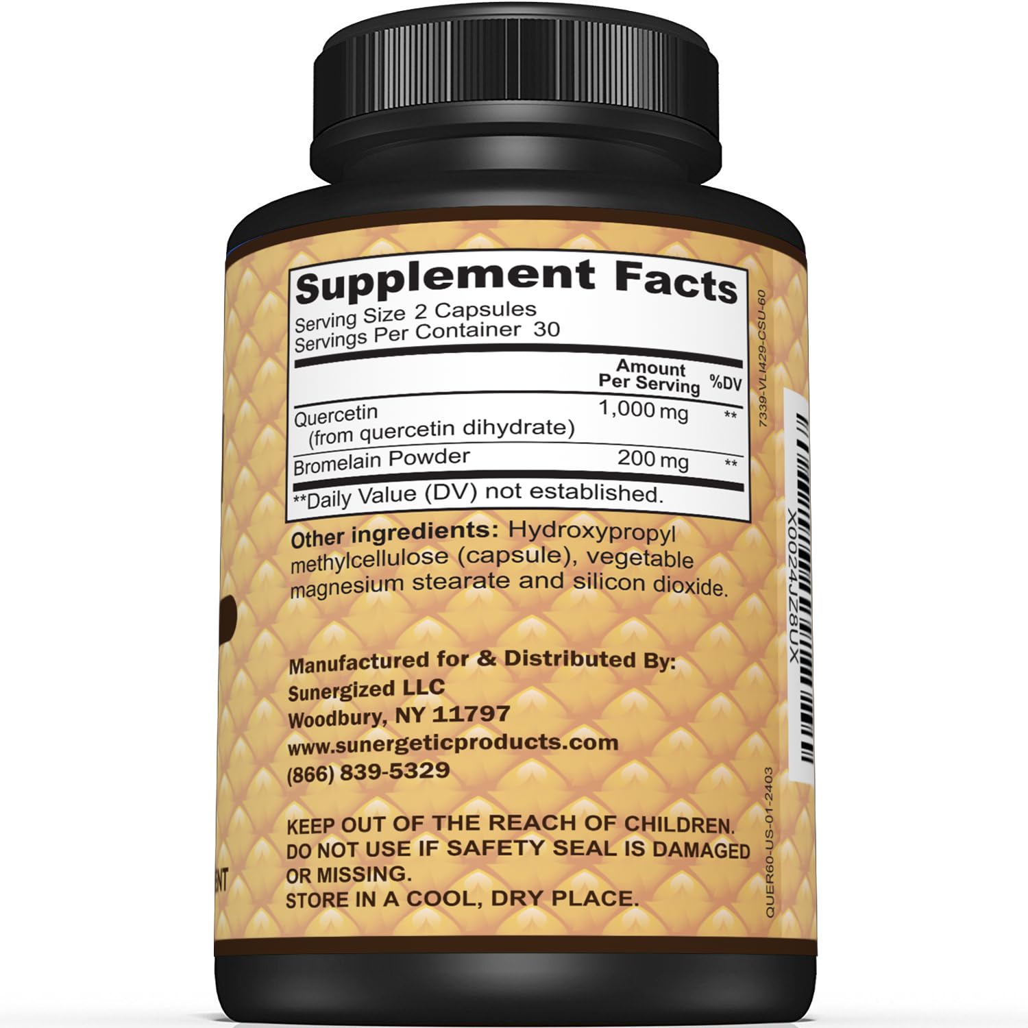 Sunergetic Quercetin with Bromelain supplement facts label