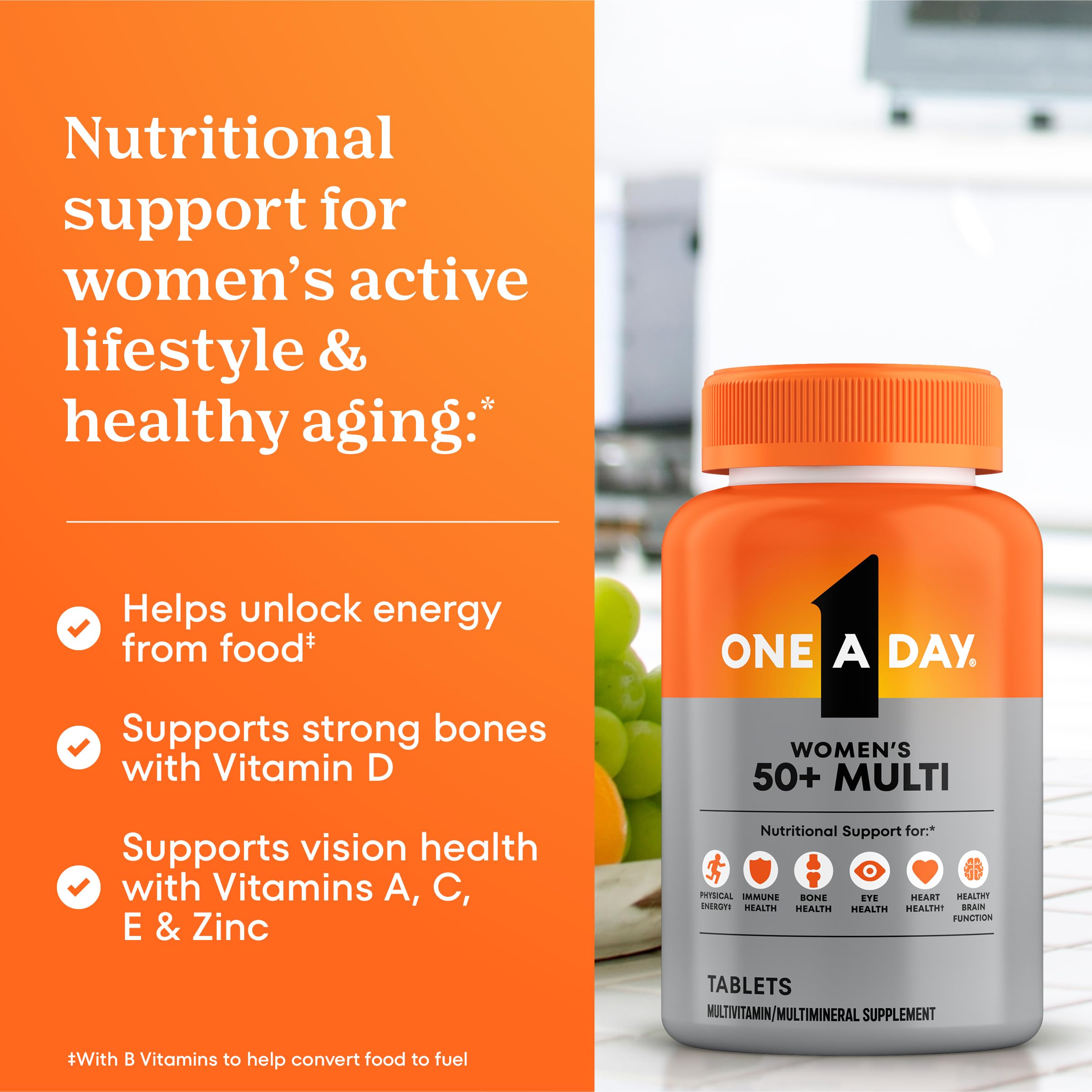 Gluten free daily multivitamin tablets for mature women displaying key immune and bone support icons