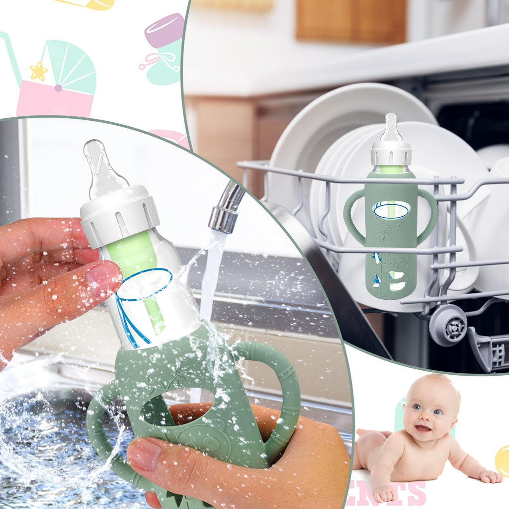 Anti slip thermal insulating silicone bottle grip covers for newborn glass bottles