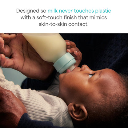 Munchkin premium borosilicate glass baby bottle showing zero plastic contact design