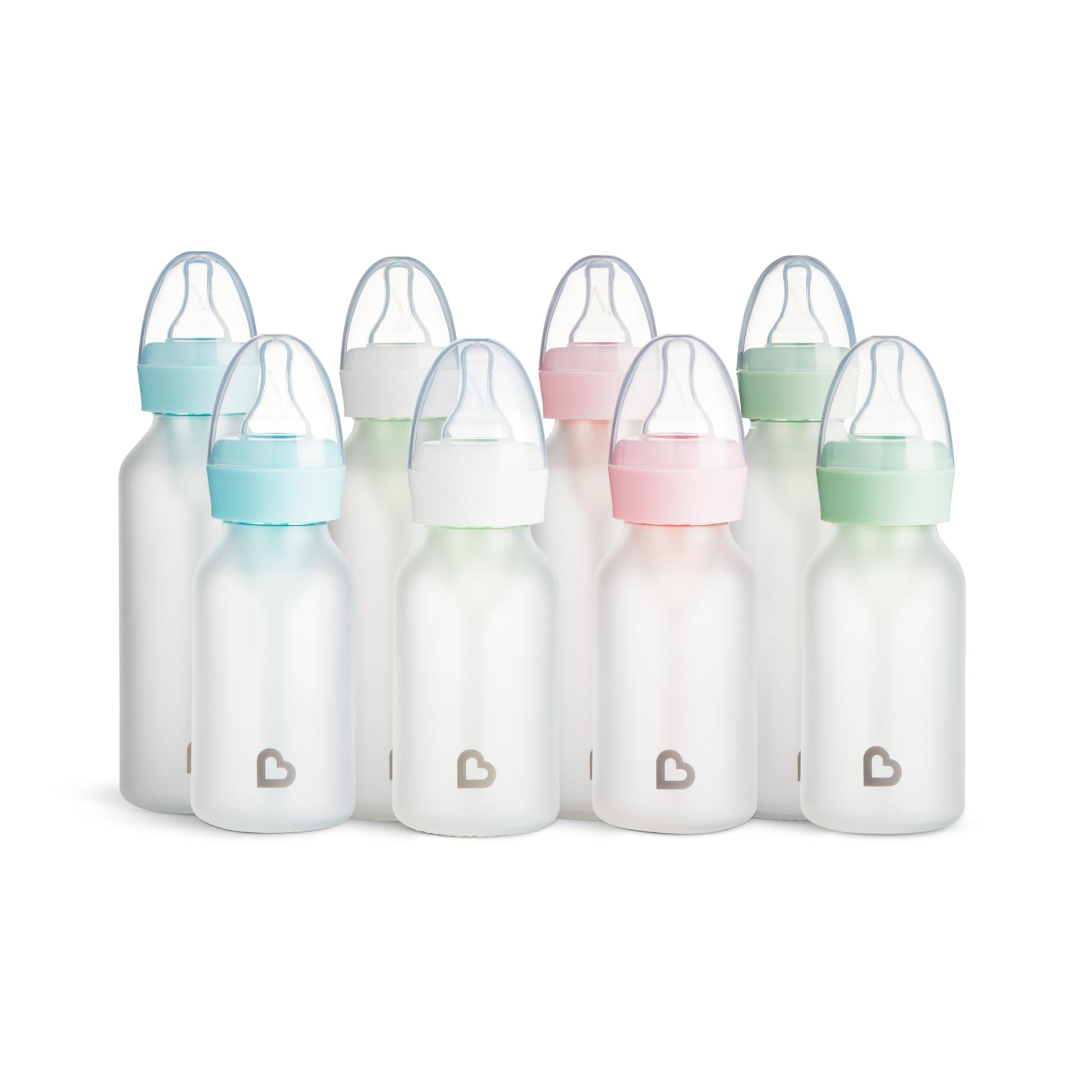 Ergonomic soft touch silicone exterior on Munchkin glass bottle for easy grip