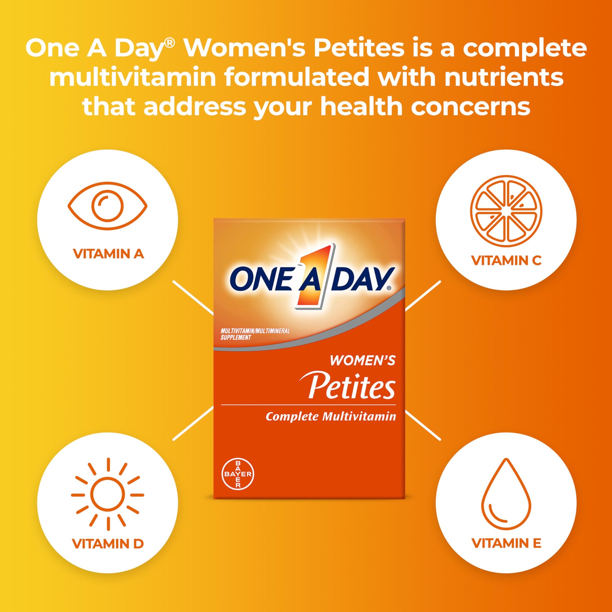 One A Day Women's Petites supplement facts and ingredient label on the back of the bottle