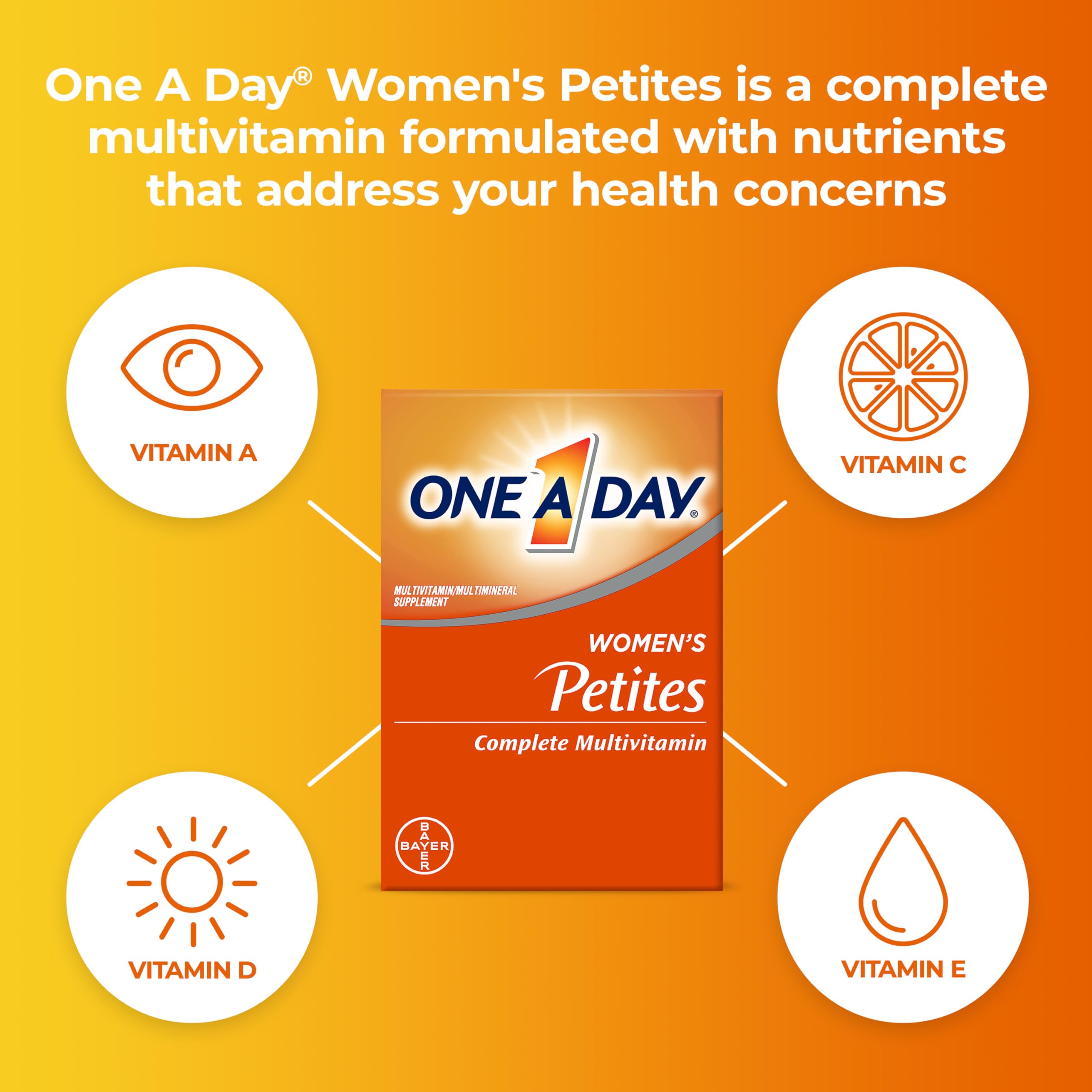 One A Day Women's Petites supplement facts and ingredient label on the back of the bottle