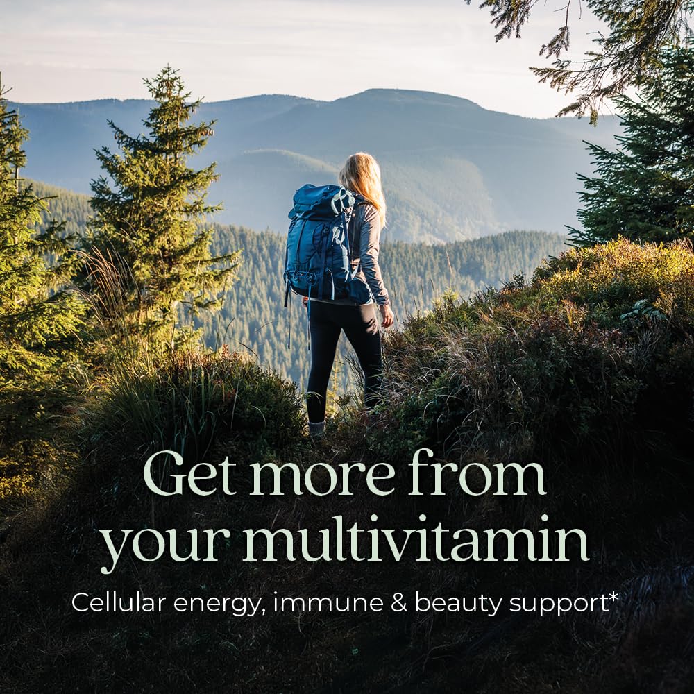 Side angle of the New Chapter womens multivitamin amber glass bottle showing the non GMO and certified organic seals