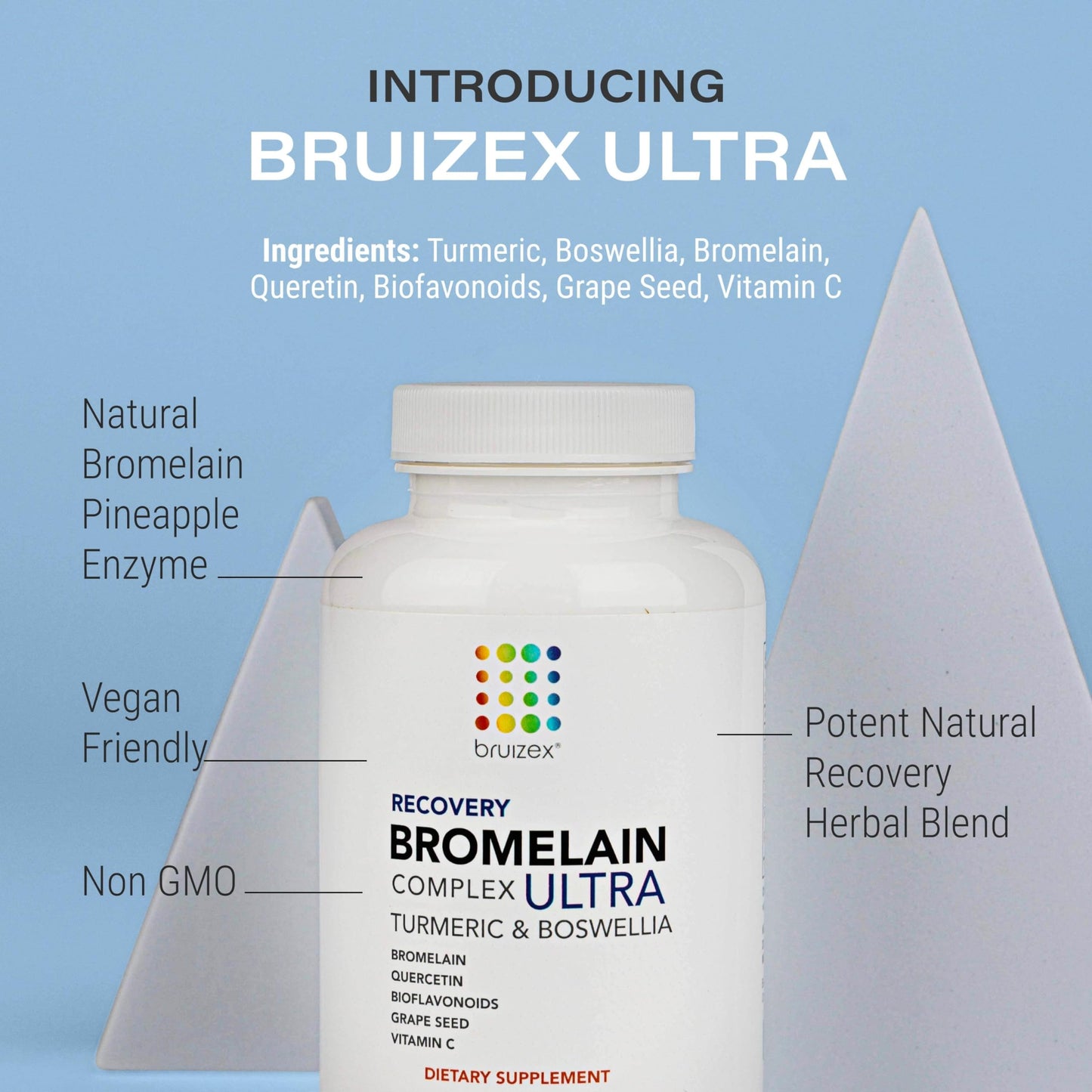 Bruizex Ultra Bromelain and Quercetin side view showing ingredients