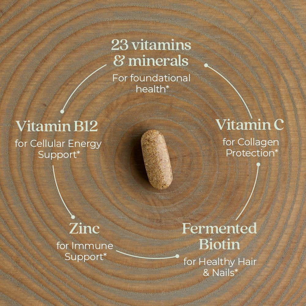 Back label of Every Woman whole food fermented multivitamin detailing the complete list of twenty essential vitamins and minerals