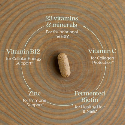 Back label of Every Woman whole food fermented multivitamin detailing the complete list of twenty essential vitamins and minerals
