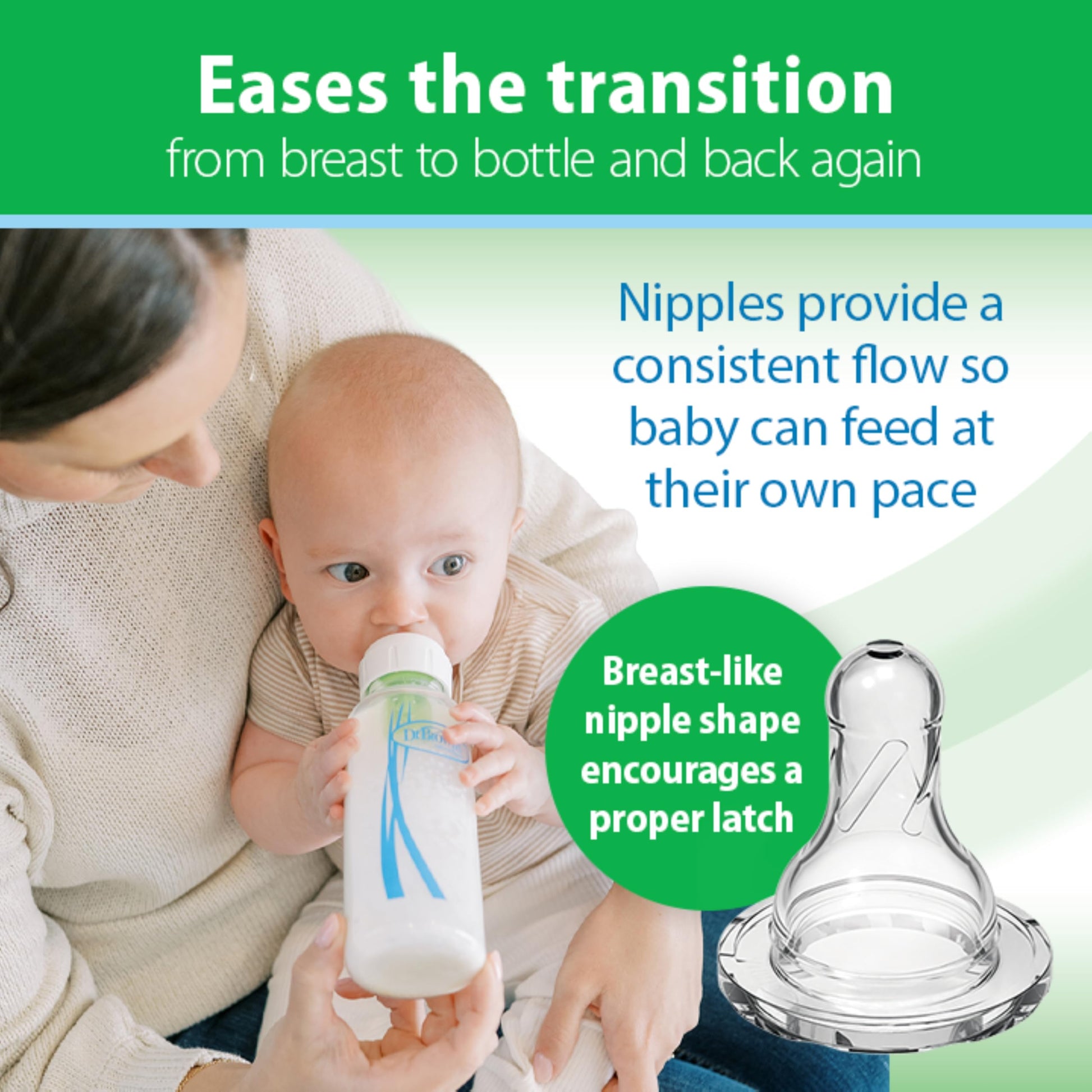 Close up of Dr. Brown's Level One slow flow silicone nipple on glass bottle