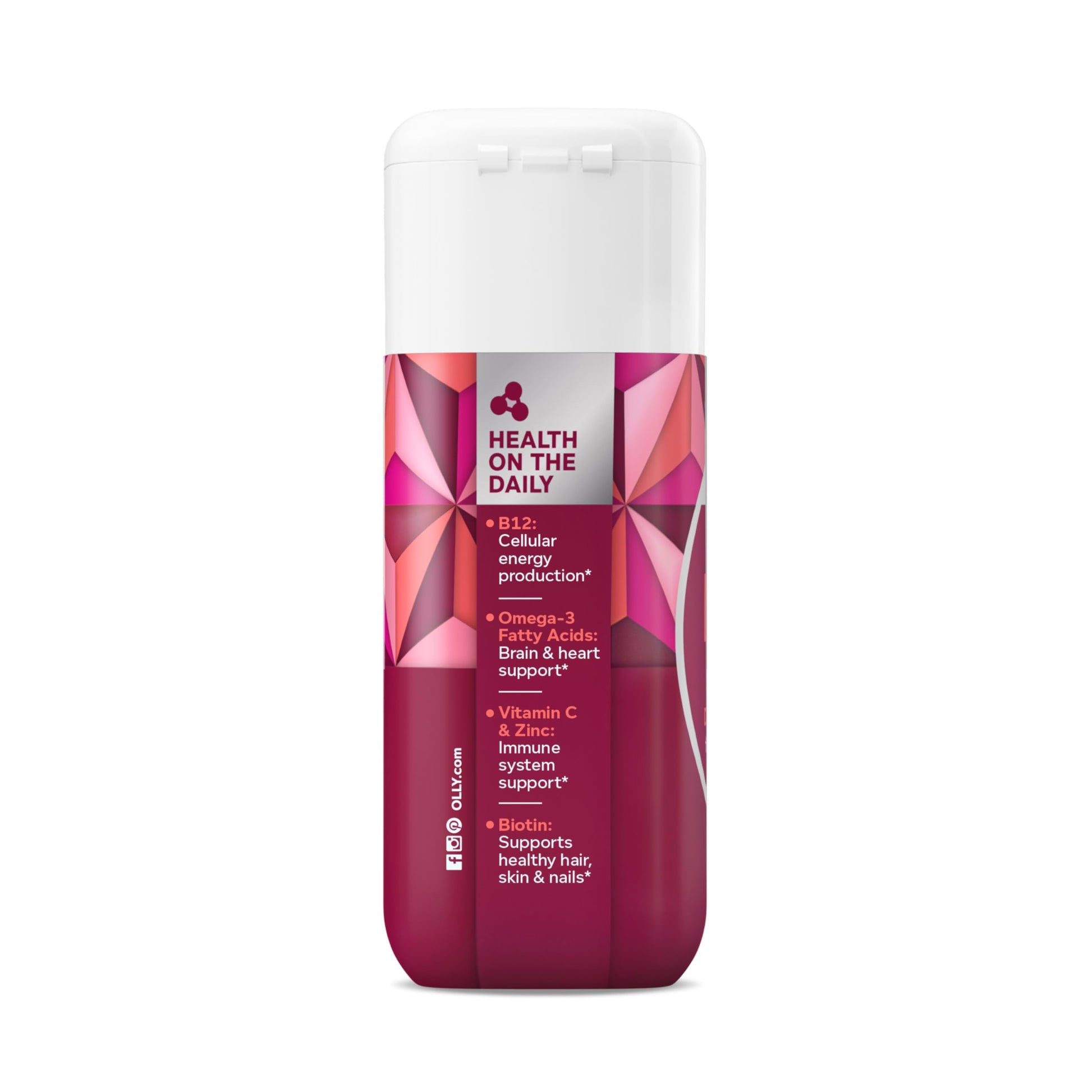 Side view of OLLY Ultra Strength Women's Multi plus Omega 3 packaging highlighting gluten free certification