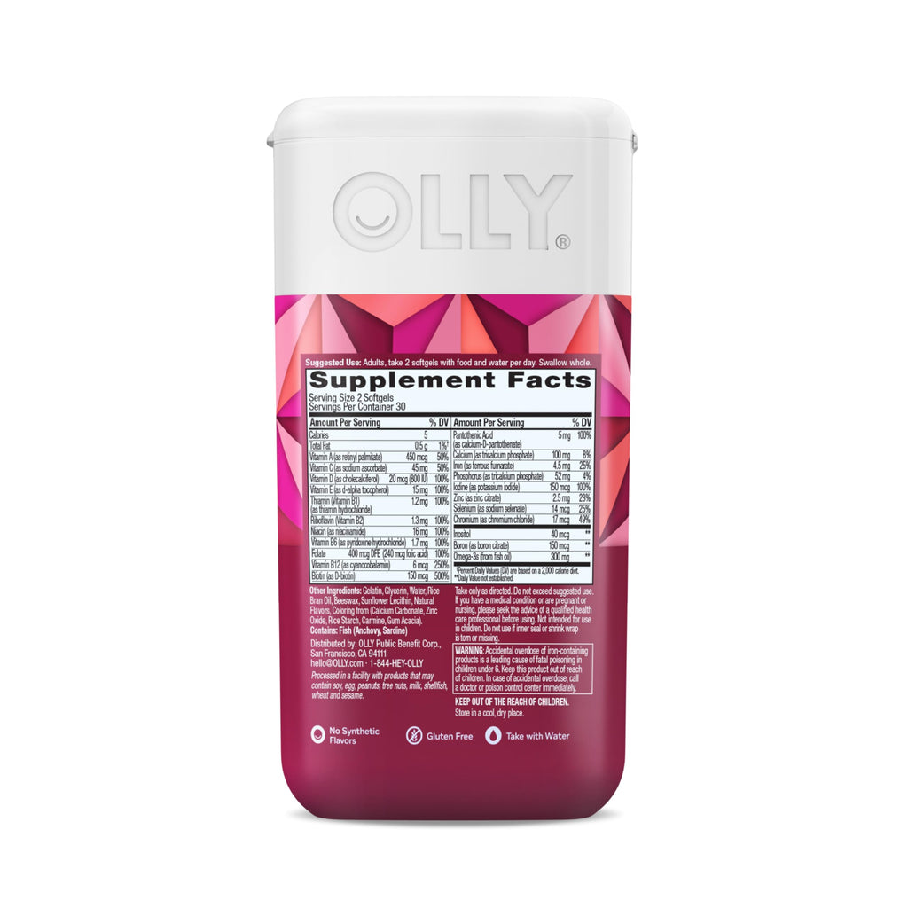 Back label details of Olly women multivitamin and omega-3