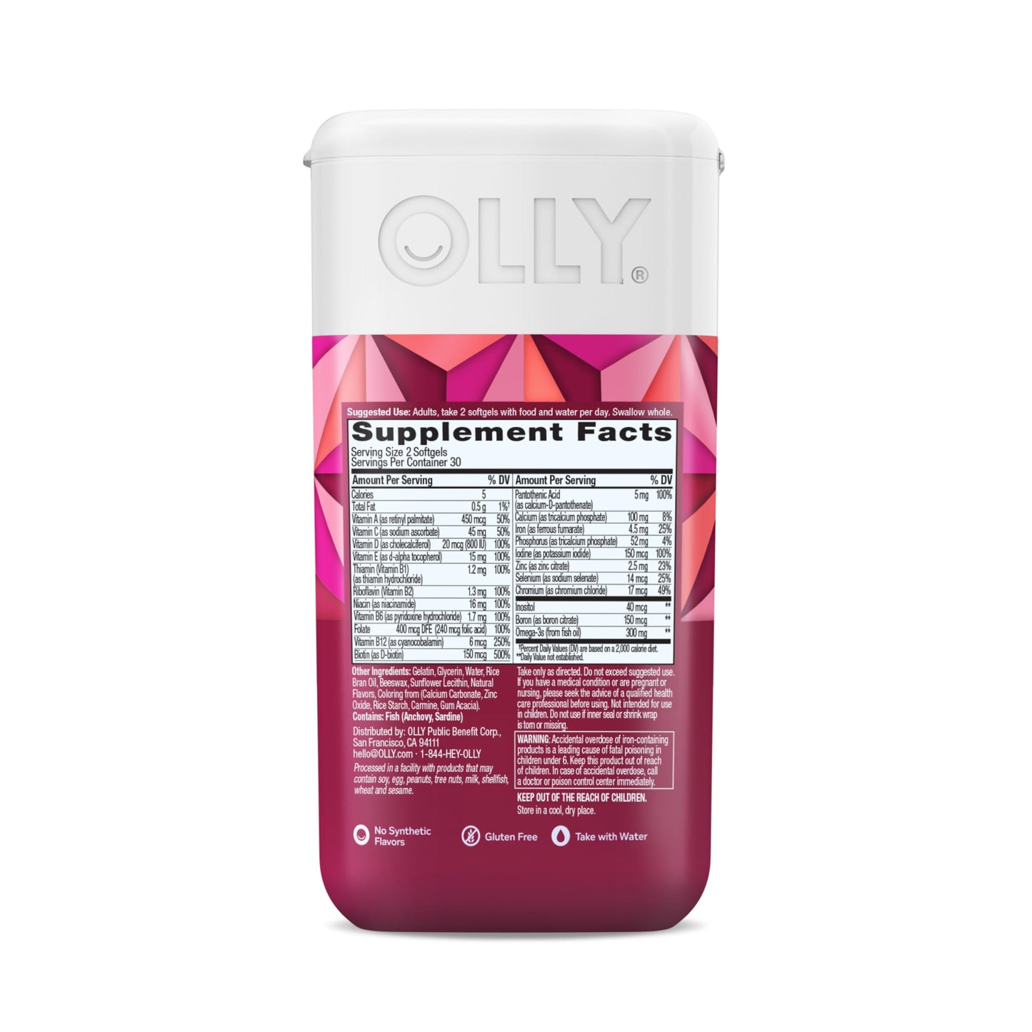 OLLY daily multivitamin for women showing sixty count thirty day supply container size
