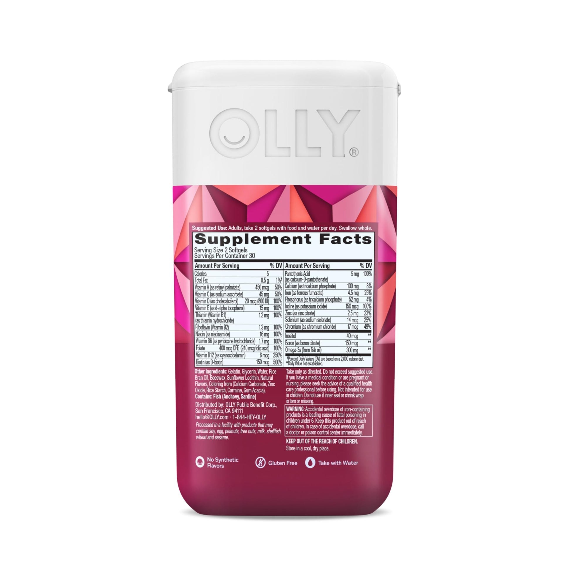 OLLY daily multivitamin for women showing sixty count thirty day supply container size