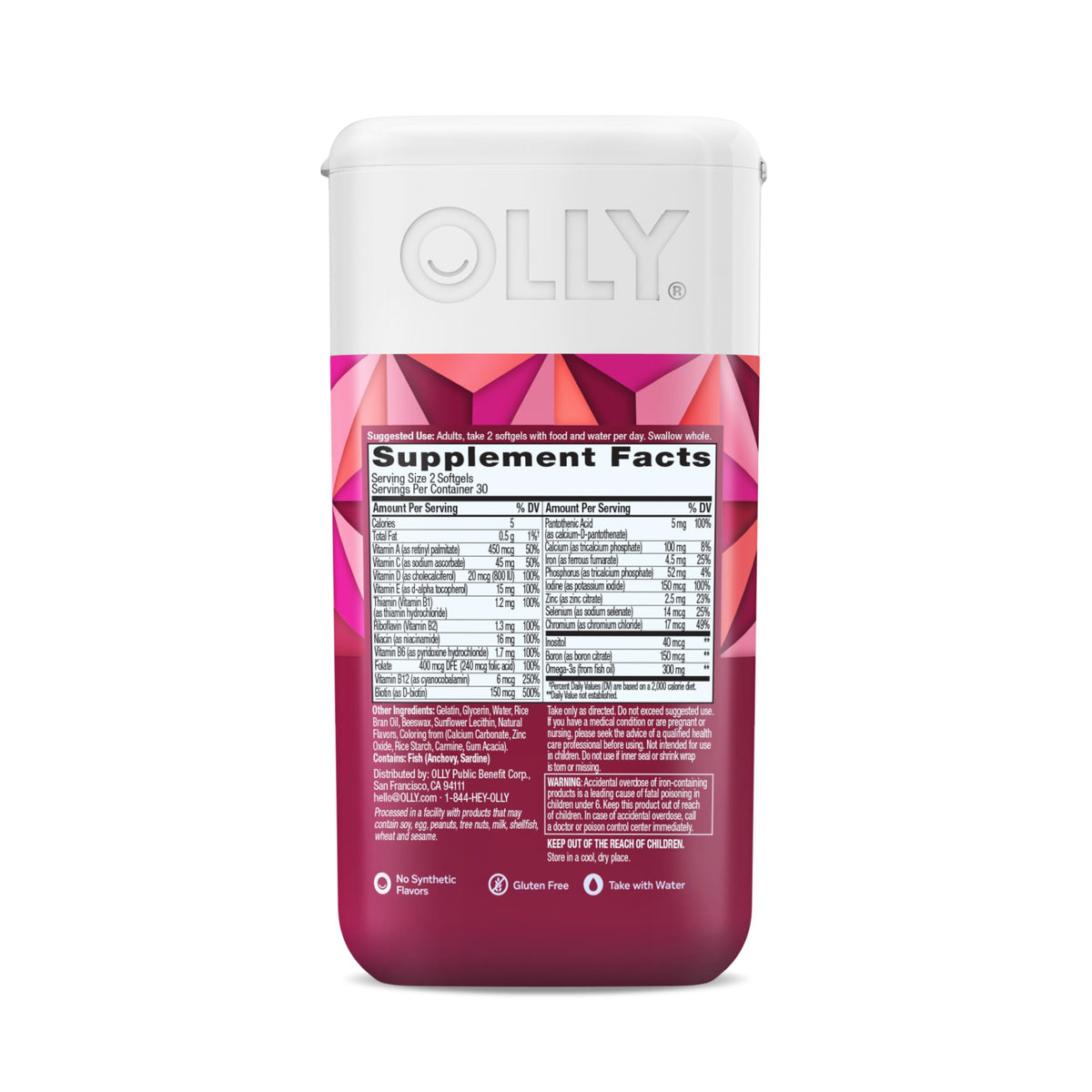 Back label details of Olly women multivitamin and omega-3