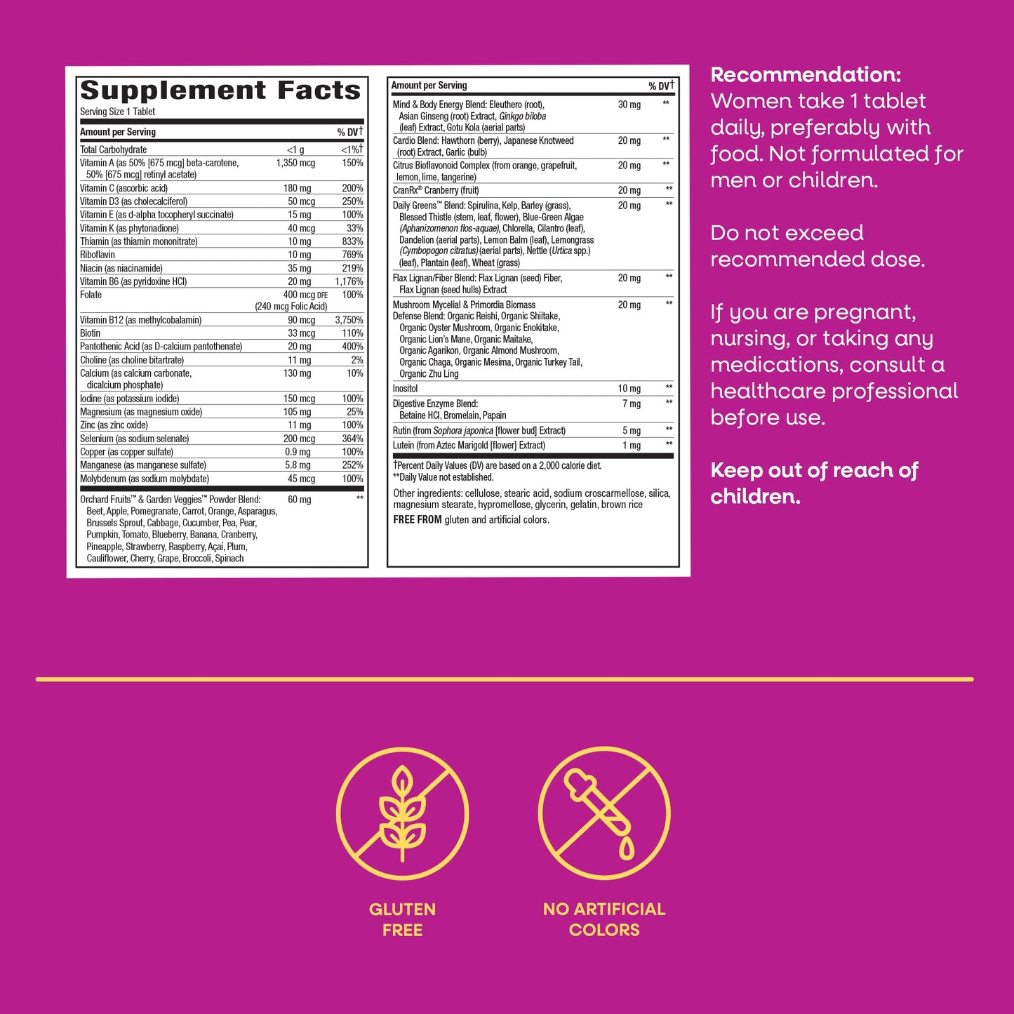 Back label view of Alive ultra potency multivitamin clarifying usage instructions and allergen warnings