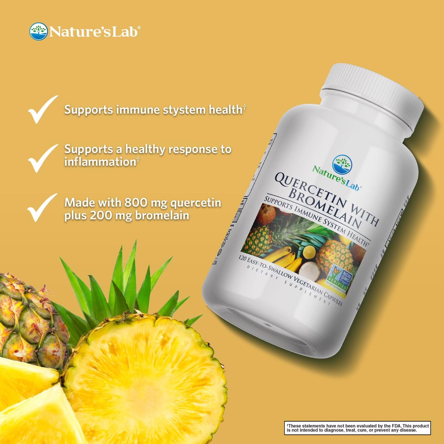 Nature's Lab Quercetin Bromelain dietary supplement bottle showing non-GMO gluten-free labels