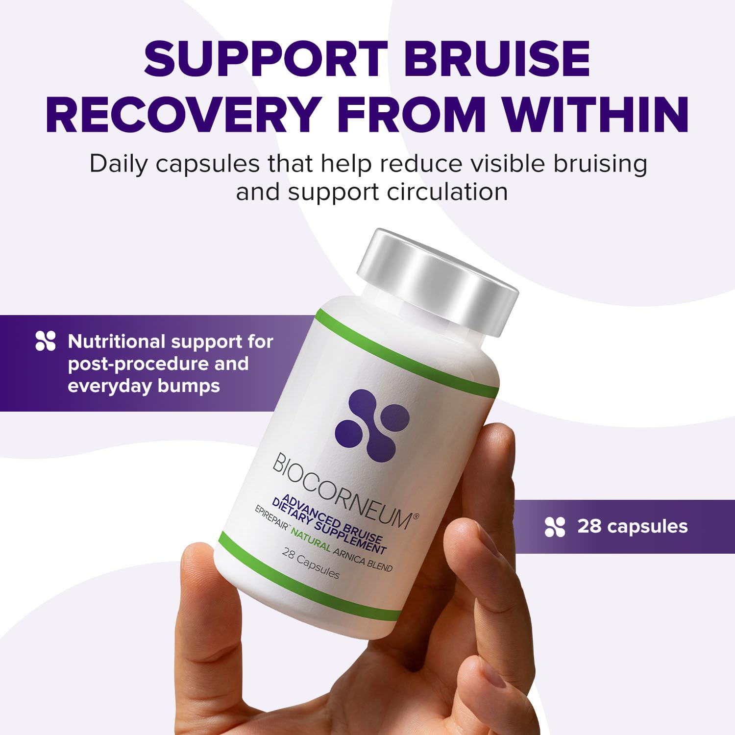 Biocorneum bruise recovery supplement bottle with ingredient details