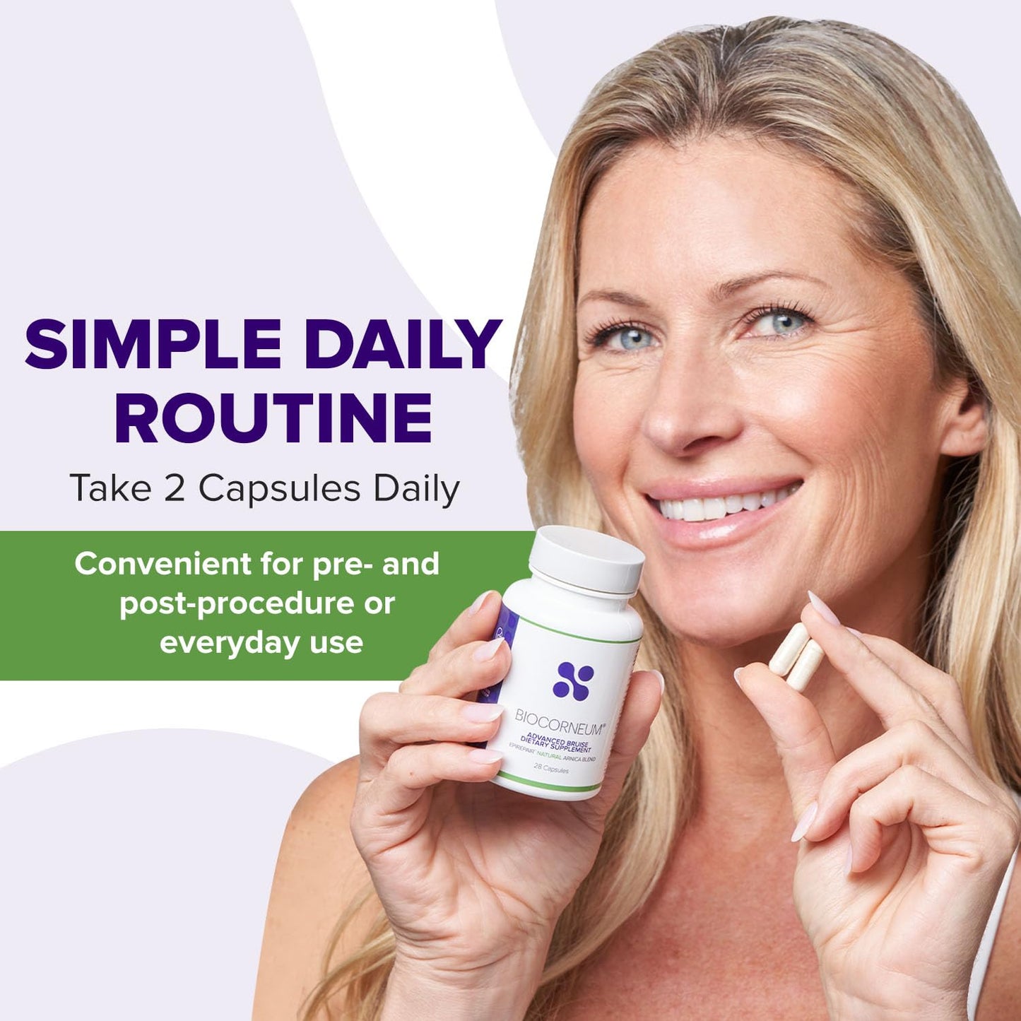 Close up of Biocorneum 28 count bruise recovery supplement bottle