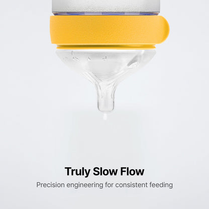 Close up view of the Comotomo Gen 2 true slow flow nipple with integrated dual anti colic vents.